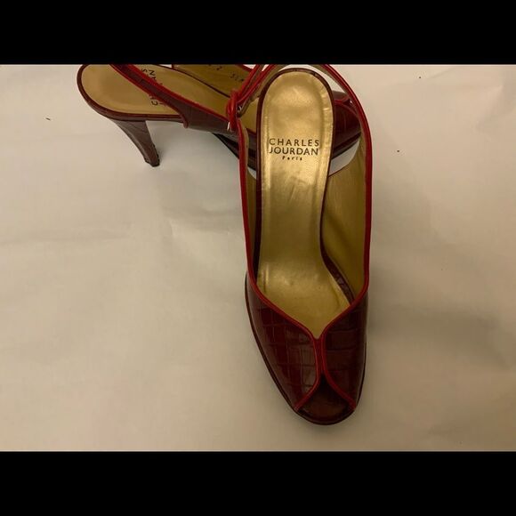 Charles Jourdan Red Alligator Print Peep Toe Heels  Size 5-1/2 M - Picture 6 of 10